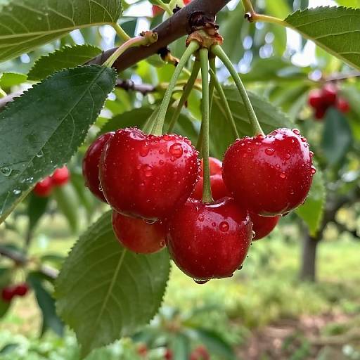 Close-up photograph of vibrant red cherry clusters, glistening with water droplets, hanging from a green leafy branch in a sunny orchard.
