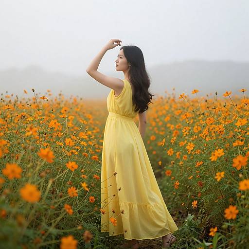 Photograph of an Asian woman with long black hair in a yellow dress, standing in an orange flower field, raising her arm against a white sky.