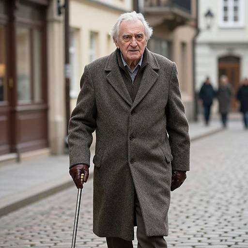 Photograph of elderly white man with white hair, wearing gray coat, black shirt, brown gloves, and holding walking cane, walking on cobblestone