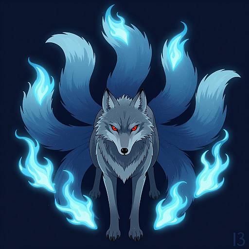 Mystical Wolf Creature with Blue Fox Tails
