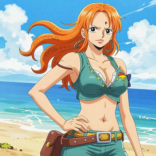 Digital anime-style illustration of a red-haired woman with large breasts, wearing a green crop top and pants, standing on a sunny beach with a blue sky