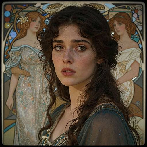 Digital artwork of a pensive young woman with wavy brown hair, freckles, and dark eyes, wearing a sheer green top, against a