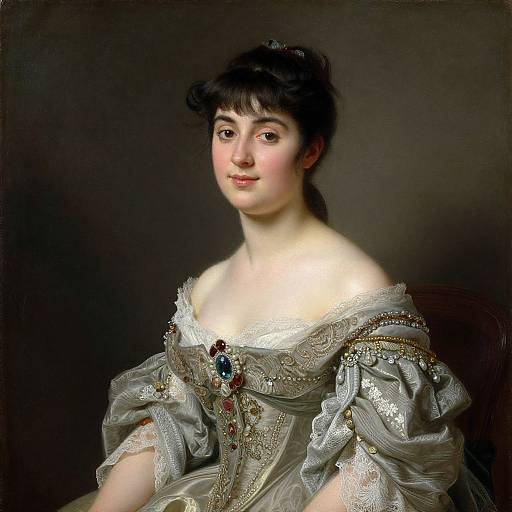 Photorealistic painting of a young Caucasian woman with fair skin, dark hair, wearing an ornate, off-shoulder, silver-gray dress with