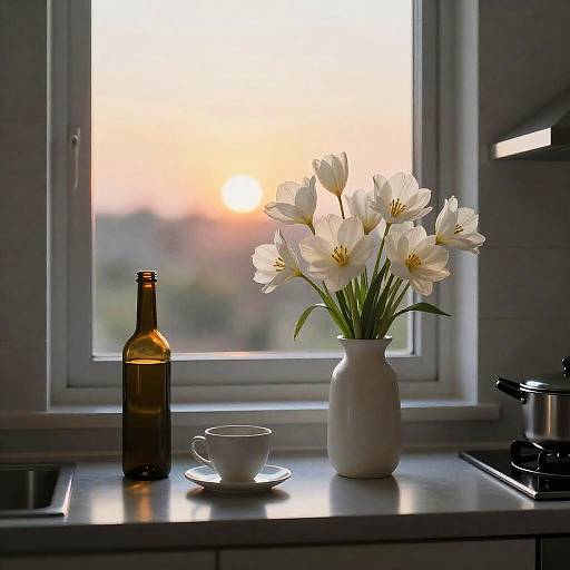 White Flowers in Vase on Kitchen Counter at Sunset