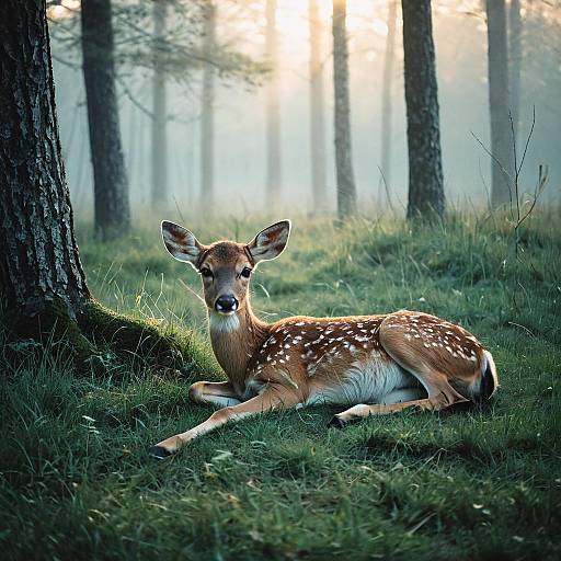 Fawn Lying in Misty Woodland at Dawn