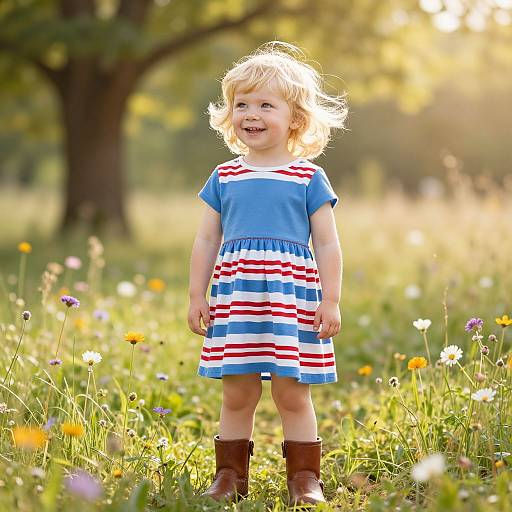 Photograph of a smiling blonde toddler in a blue and red striped dress, brown boots, standing in a sunlit meadow with wildflowers and trees