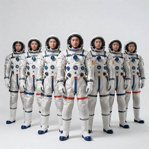 Seven Astronauts in Silver Space Suits