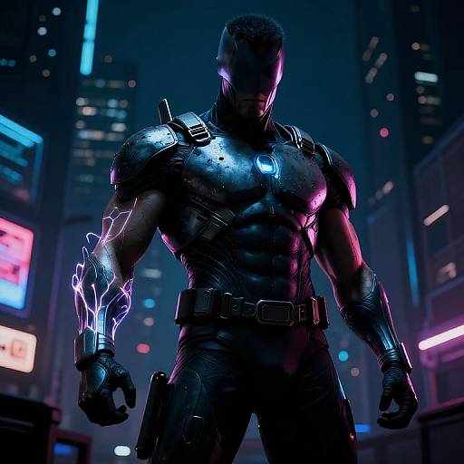 Photorealistic CGI of a muscular, armored superhero with glowing purple lightning on his left arm, standing in a neon-lit cityscape at night.