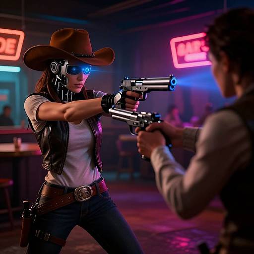 Digital art of a gun-wielding female cowboy in a brown hat and black vest, aiming at a male opponent in a neon-lit bar. Bright