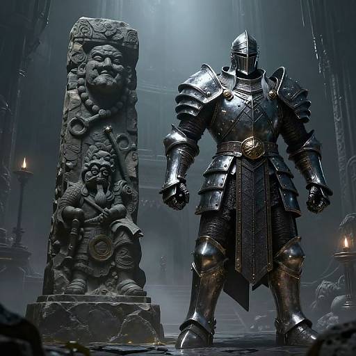 Photorealistic CGI: A towering, armored knight stands beside a stone statue of a fierce, carved deity in a foggy, dimly-lit