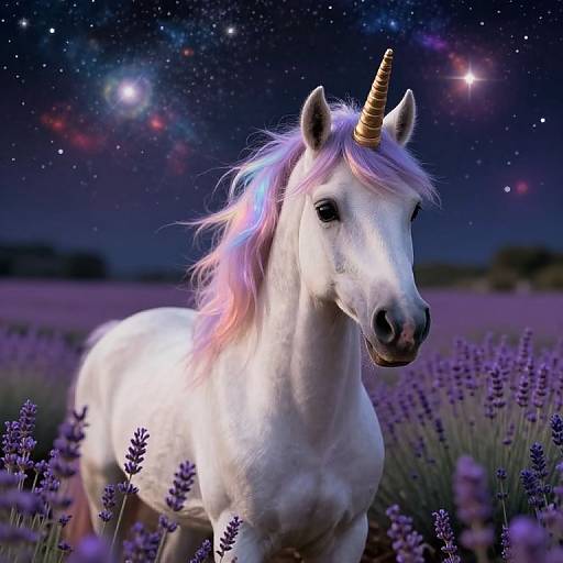 Photorealistic digital image of a white unicorn with a golden horn and pastel-colored mane, standing in a lavender field under a starry night sky
