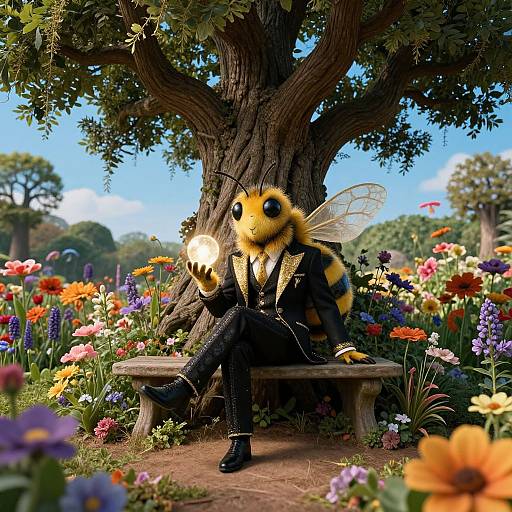 Photograph-style CGI of a humanoid bee character in a black suit, sitting on a bench in a vibrant flower garden, holding a glowing orb, with