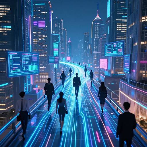 Digital CGI of a neon-lit, futuristic city street at night, with glowing blue and pink lights. Silhouetted figures walk along illuminated pathways