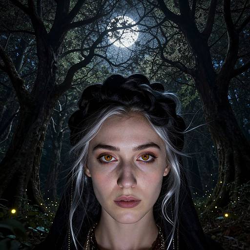 Photograph of a pale-skinned woman with silver-blonde hair, amber eyes, and braided crown, staring intently under a moonlit