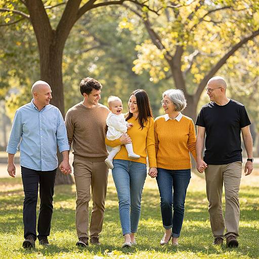 Photograph of a multigenerational family walking in a sunlit park; six people, diverse ages, casual clothing, holding hands, smiling.