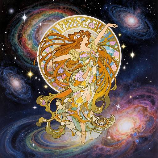 Digital artwork of a celestial, flowing-haired woman in a colorful, ethereal dress, arms raised, surrounded by a glowing circular window and vibrant galaxies in