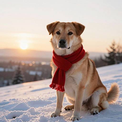 Photograph of a tan and white dog with a red scarf sitting in snowy landscape at sunset, looking directly at the camera.