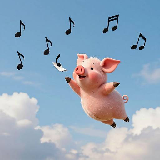 Cute, fluffy pink pig with curly tail and big ears joyfully leaps in clear blue sky with floating musical notes. CGI animation.