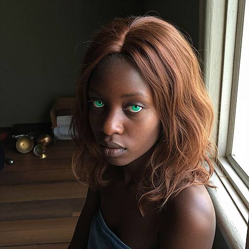 Photograph of a dark-skinned woman with vibrant green eyes and shoulder-length auburn hair, bathed in sunlight near a window.