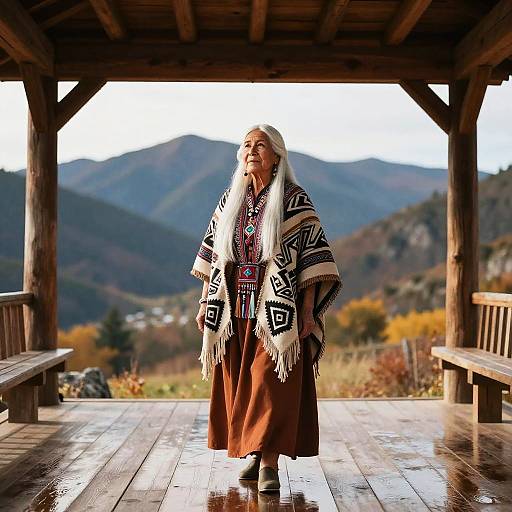 Photograph of an elderly Native American woman with white hair, wearing traditional black and white patterned shawl, brown skirt, standing on wooden porch with