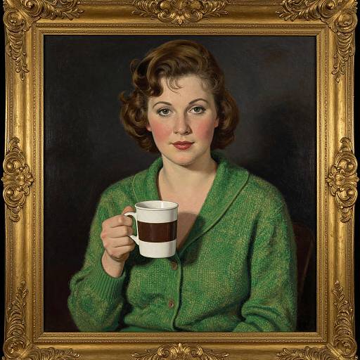 Digital painting of a fair-skinned woman with short brown hair, wearing a green sweater, holding a white mug with a brown stripe, in an orn
