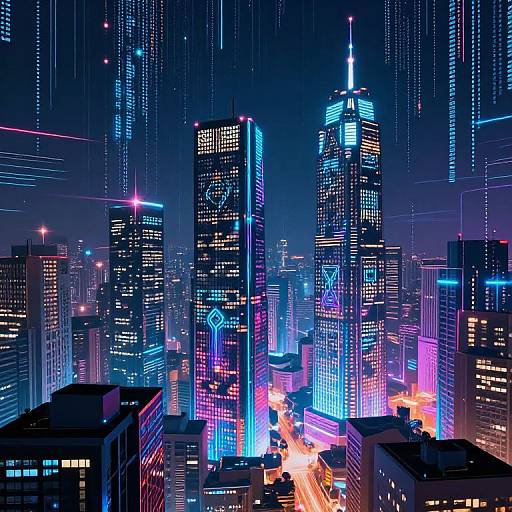 Neon-lit, futuristic cityscape at night, digital art. Tall skyscrapers with vibrant blue, pink, and purple lights, busy street