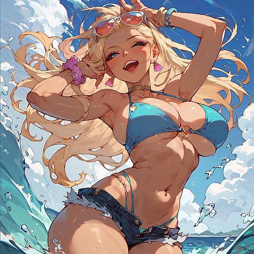 Smiling Gyaru Girl in Blue Bikini at Beach