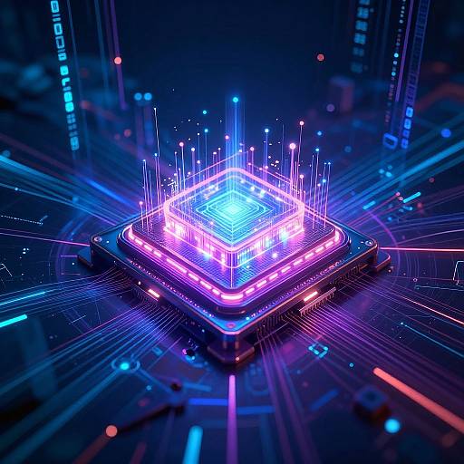 Neon-lit, futuristic CGI of a glowing, blue and pink, hexagonal microchip with vertical lines and vibrant circuitry patterns radiating outward