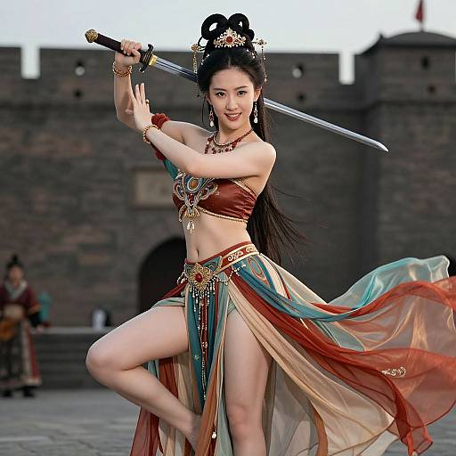 Asian warrior woman in elaborate, flowing costume, holding a sword, posing dynamically in front of a medieval stone fortress. Digital art.
