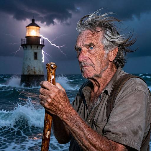 Photograph of an elderly man with wind-blown gray hair, holding a wooden cane, standing in stormy sea waves with a lightning-struck l