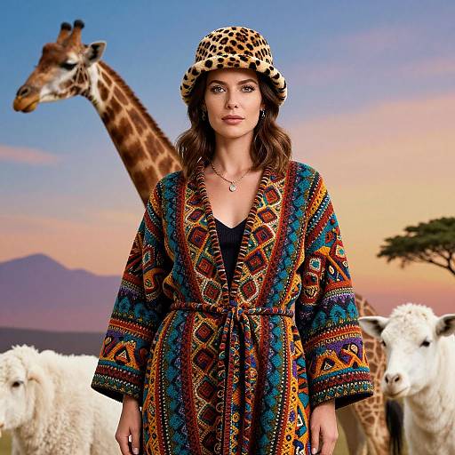 Woman in Vibrant Coat with Wildlife