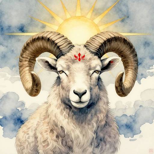 Watercolor Japanese Poster Art of Majestic Ram