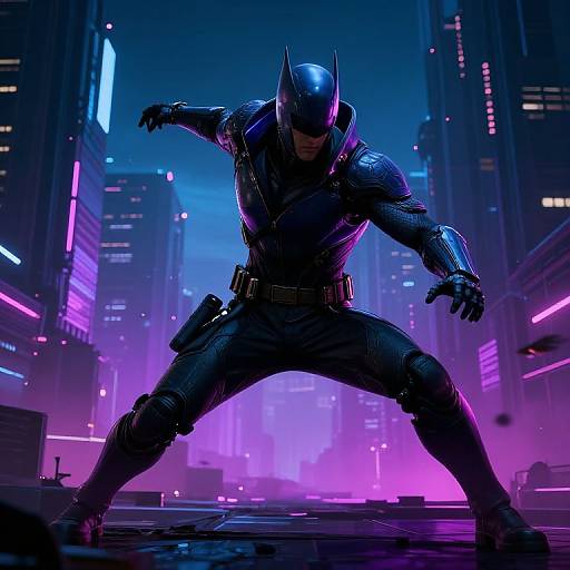 CGI image of Batman in a dynamic pose, wearing a black armored suit and helmet, in a neon-lit, futuristic cityscape. Bright purple