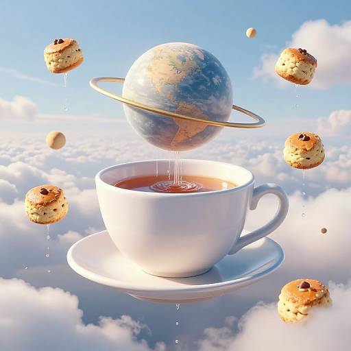 Digital artwork: White teacup on saucer with tea, floating above clouds, surrounded by floating scones, with a planet with rings above