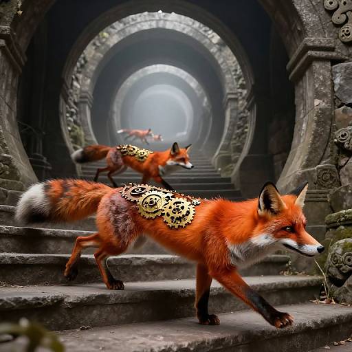 Photograph of two red foxes with intricate golden patterns on their backs, walking through an ancient, foggy stone archway.