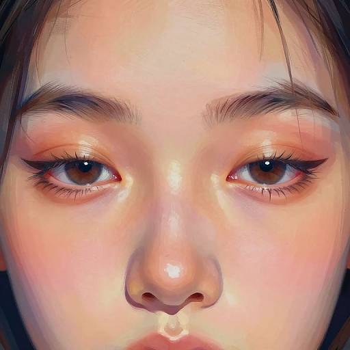 Digital painting of a young woman's face, close-up, focused on her large, brown eyes with pink eyeshadow, delicate eyebrows, and fair