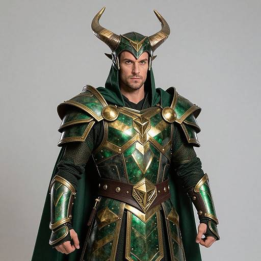 Photograph of a muscular man with dark hair, wearing ornate green and gold medieval armor with horns, and a black cape, standing against a plain