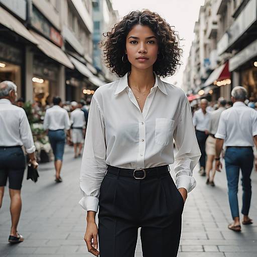 Modern Woman Walking in Urban Marketplace
