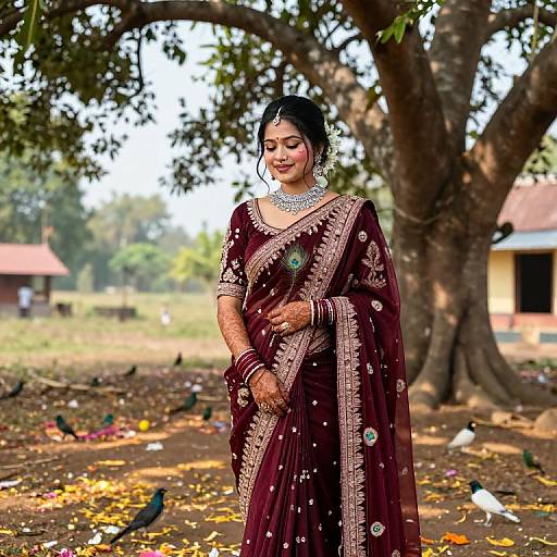 Photograph of a South Asian bride in a dark maroon saree with gold embroidery, standing in a tree-shaded, rural area with birds and