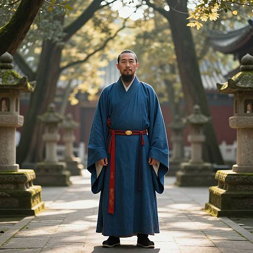 Wise Asian Man in Tranquil Temple Courtyard