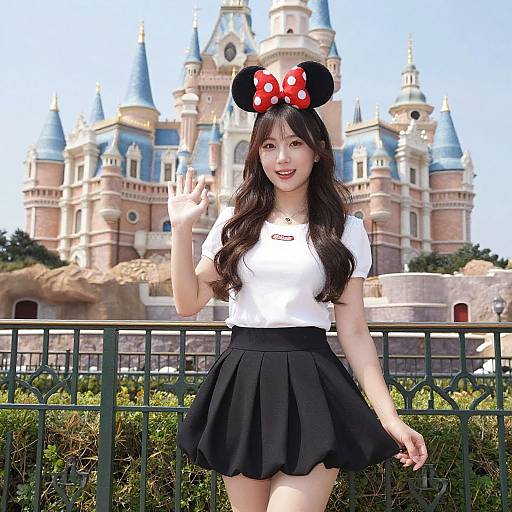 Asian woman with long black hair, wearing Minnie Mouse ears with red bow, white t-shirt, black skirt, in front of Disney Castle. Photograph