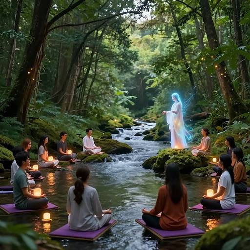 Photograph of a serene forest meditation circle: nine people sit on purple mats by a stream, surrounded by glowing candles and a glowing ethereal figure,
