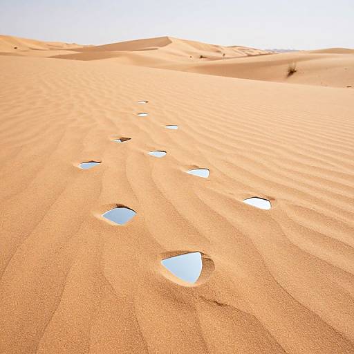 Photograph of a sunlit desert with rippled sand dunes and five irregularly shaped footprints leading into the distance.