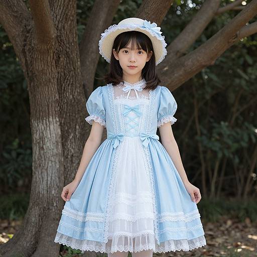 Photograph of an Asian girl in a light blue, lace-trimmed, Victorian-style dress with puffed sleeves, white bonnet, standing in