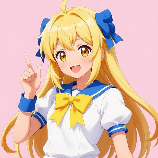 Anime-style digital illustration of a cheerful blonde girl with long hair, blue bows, yellow bowtie, white sailor uniform, and yellow eyes, pointing upward