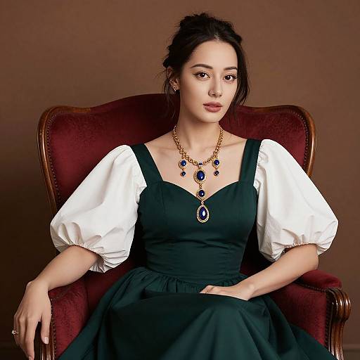 Elegant Woman in Rich Red Chair