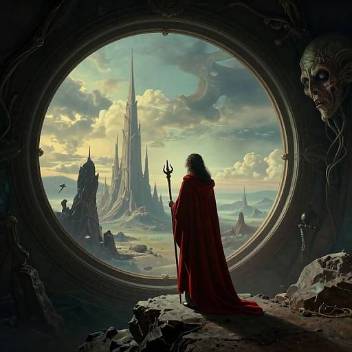 Digital fantasy artwork: A hooded figure with a red cloak and trident stands in a dark cave, gazing through a circular window at a futuristic