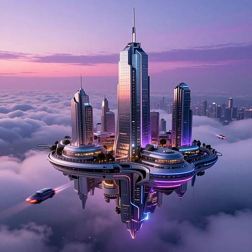 Digital artwork of a futuristic cityscape floating above clouds at sunset, featuring towering illuminated skyscrapers, reflective surfaces, and flying cars.