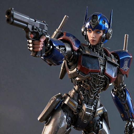 CGI image of a blue and black metallic female robot warrior with a determined expression, pointing a gun forward, wearing a helmet with horns, set against