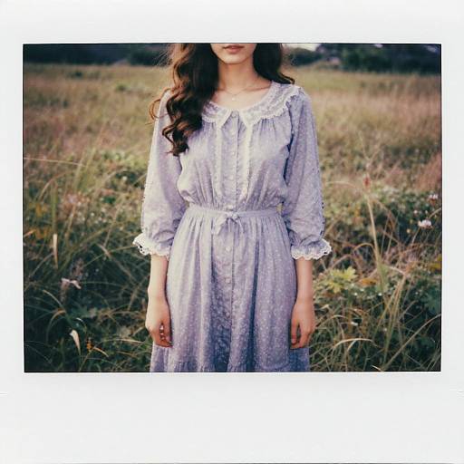 Photograph of a young woman with long, wavy brown hair wearing a light purple, lace-trimmed, long-sleeve dress standing in